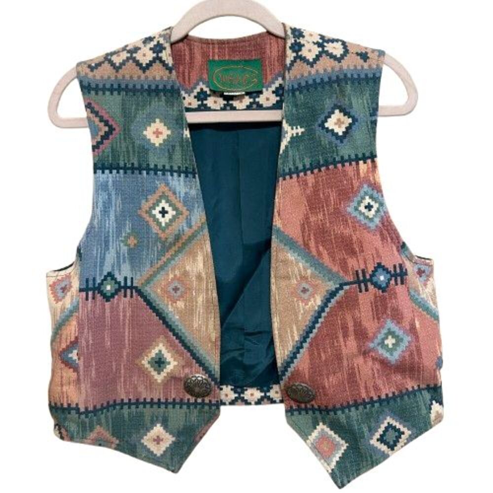 VTG Wraps  Western Colorful Aztec  Vest with Silver Concho Buttons Womens Medium